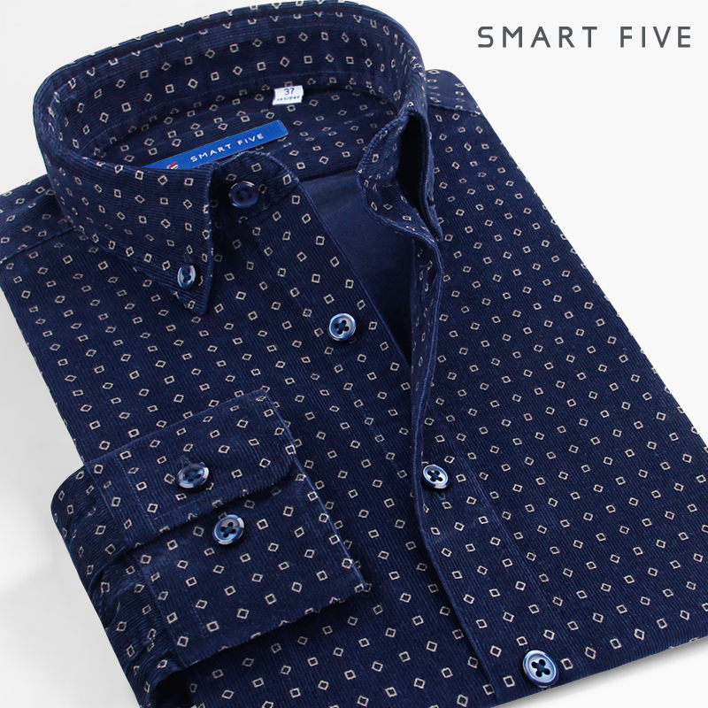 SmartFive 復古純棉燈芯絨襯衫印花扣領男士長袖襯衣大碼條絨加厚