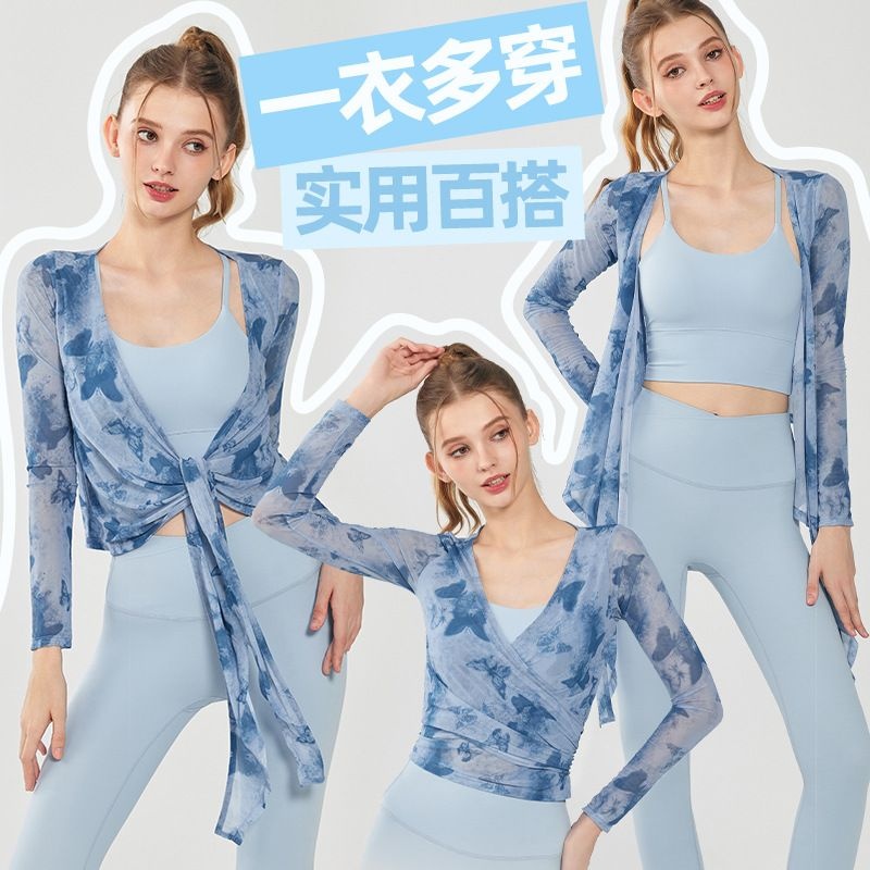 蝴蝶印花长袖网纱透气瑜伽普拉提罩衫上衣704