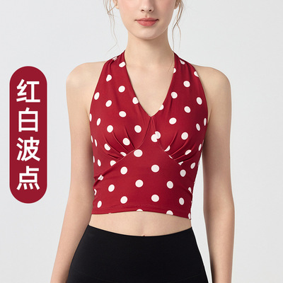 V领格纹印花挂脖修身短款辣妹吊带健身瑜伽背心1416
