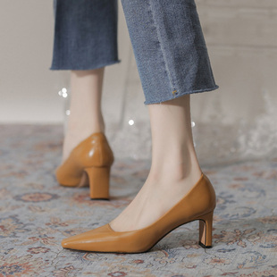 真皮女鞋 法式 尖头气质中跟浅口单鞋 复古高跟鞋 女羊皮粗跟2023春款