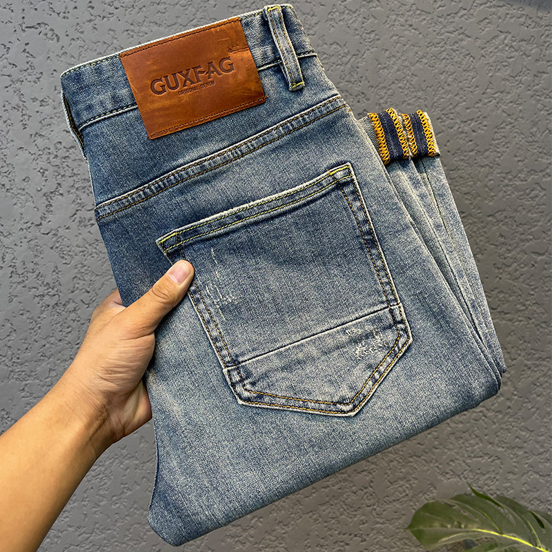 ZERODEGREENORTH 하이엔드 청바지 남성용 헤비워싱 레트로 아메리칸 슬림핏 스트레치 팬츠