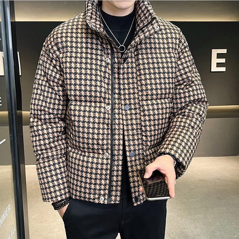 ZERODEGREENORTH 남성용 숏 다운 재킷 고급스러운 스탠드 칼라 가벼운 체크 무늬 캐주얼 따뜻한 재킷