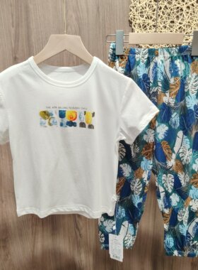 小袋鼠希瑞儿童夏装短袖长裤套装男童女童外出服两件套薄款家居服