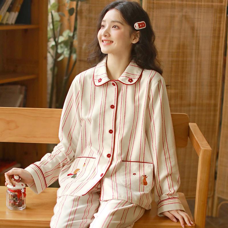 日本GP秋季刺绣纯棉磨毛睡衣女秋冬季条纹卡通刺绣家居服长袖套装