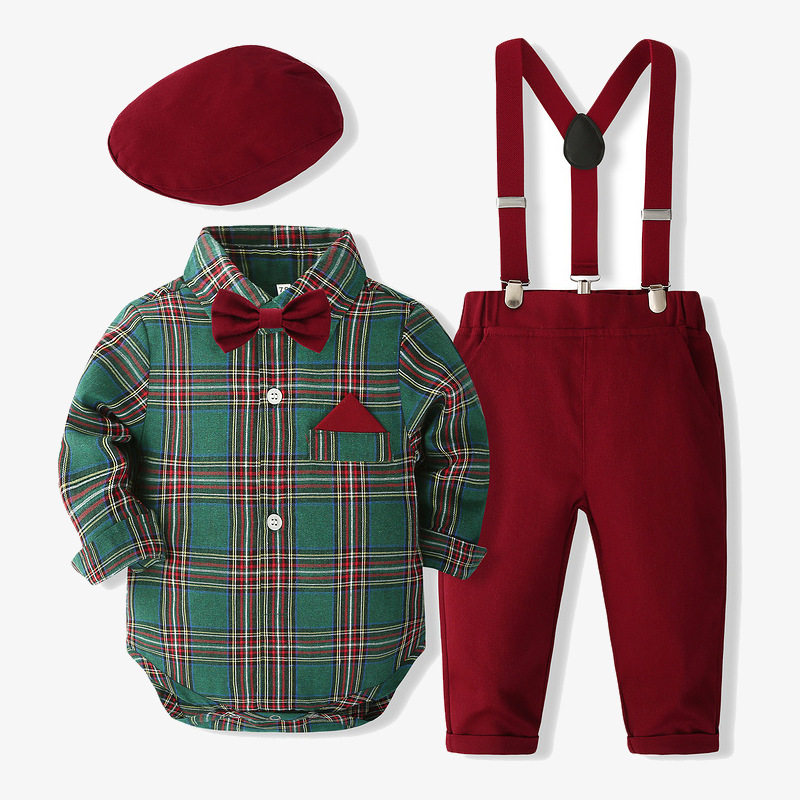 婴儿童正式礼服小西装新款春秋新款男童长袖格子哈衣背带裤套装
