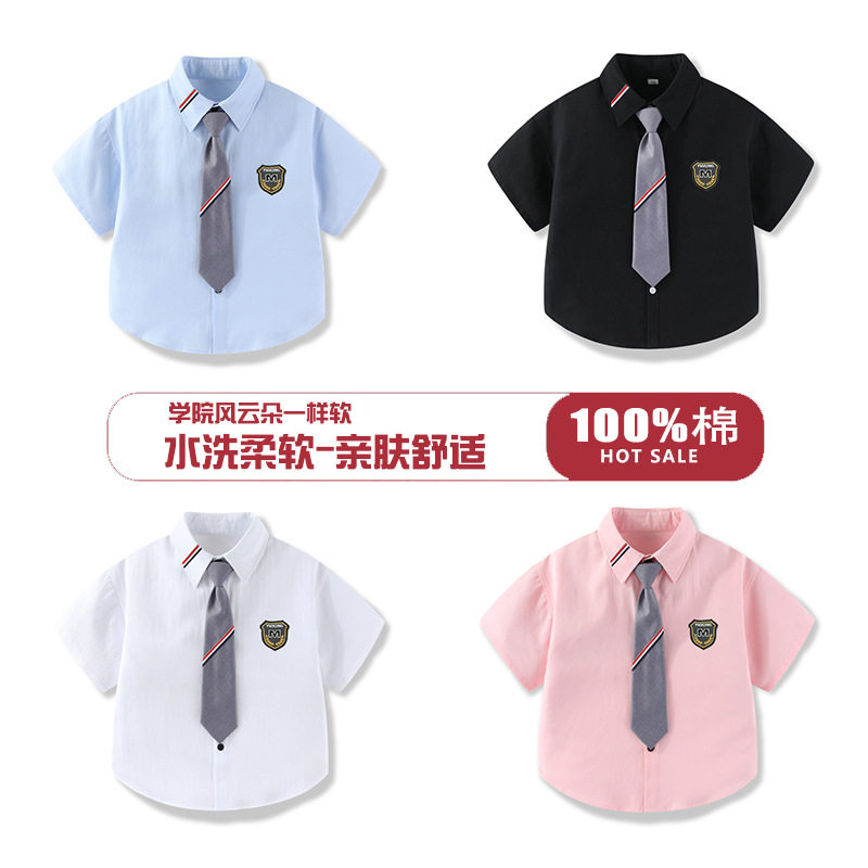 儿童新款纯棉水洗短袖衬衫男女童