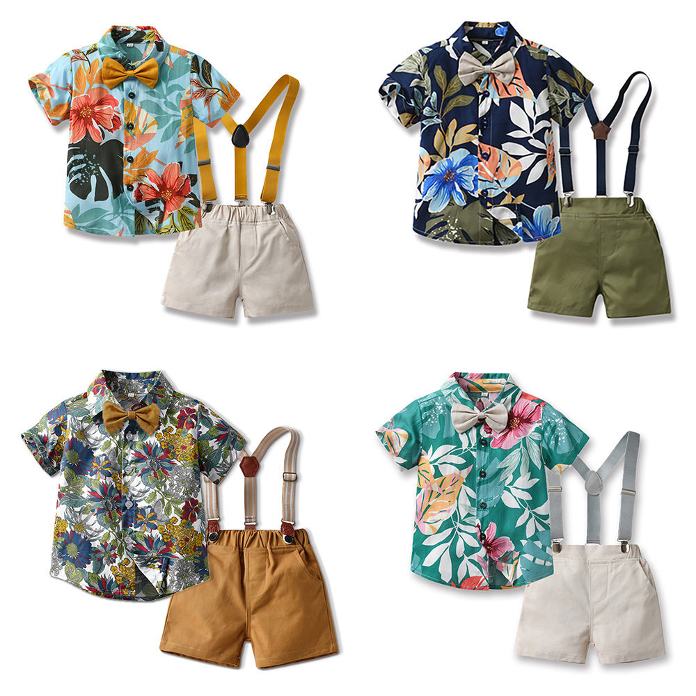 夏季男童沙滩印花背带短裤套装
