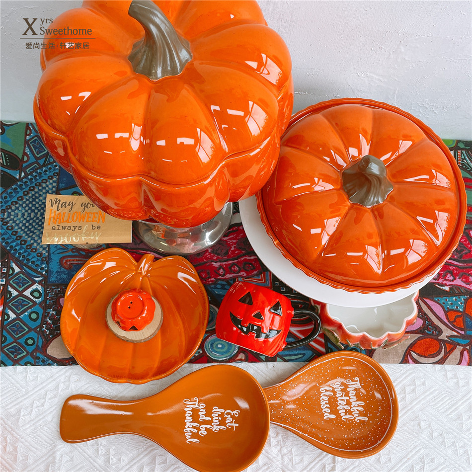 外贸陶瓷南瓜大罐子 派盘 南瓜小杯 水杯子 万圣节礼品杯子 勺托