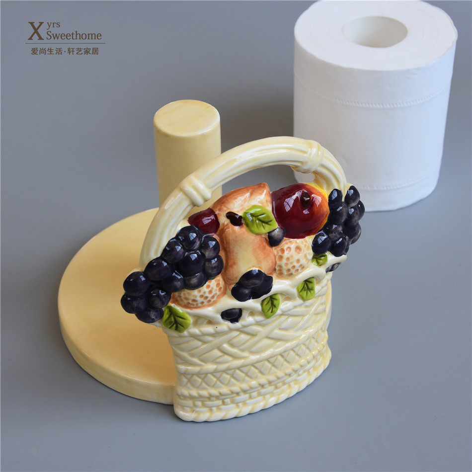 外贸陶瓷纸巾架 果篮造型厨房装饰摆设 手绘浮雕创意民宿纸巾架子