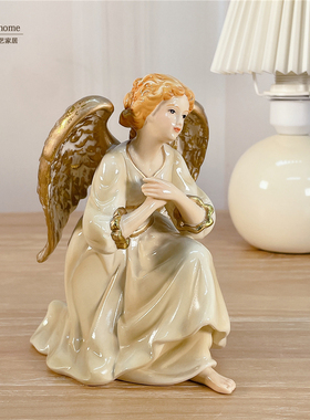 外贸陶瓷摆件 造型摆设金色翅膀天使女孩 西班牙瓷偶人物装饰品