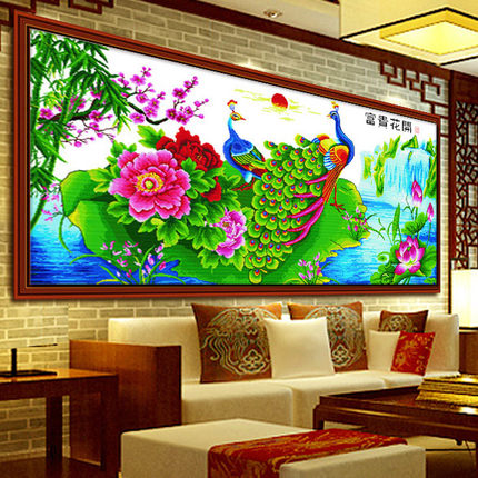 孔雀开屏富贵花开牡丹图印花十字绣新款线绣线客厅大幅画风景动物