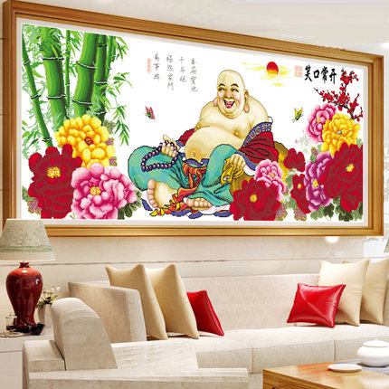 弥勒佛如来佛人物十字绣笑佛大肚佛客厅大幅笑口常牡丹花竹子图案