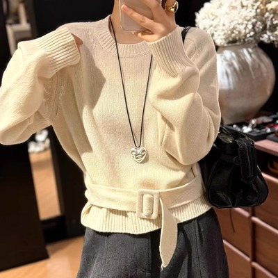 全羊毛套头针织衫上衣加厚腰带款