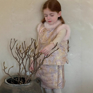 汉服马甲套装 女童马甲拜年套裙儿童加厚夹棉新中式 冬季 新款