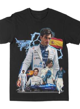 F1赛车卡洛斯·赛恩斯印花短袖T恤男女同款宽松潮流纯棉美式复古
