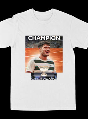 法网2025冠军阿尔卡拉斯纪念复古印花圆领短袖男女同款潮流T恤