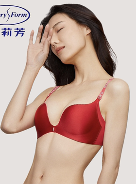舒挺杯安莉芳无钢圈文胸女小胸聚拢上托透气收副乳无痕红色内衣女