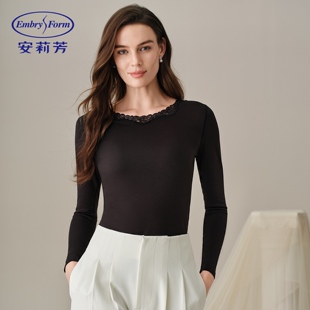 安莉芳加厚秋冬蕾丝圆领保暖秋衣女装长袖修身时尚可外穿打底上衣