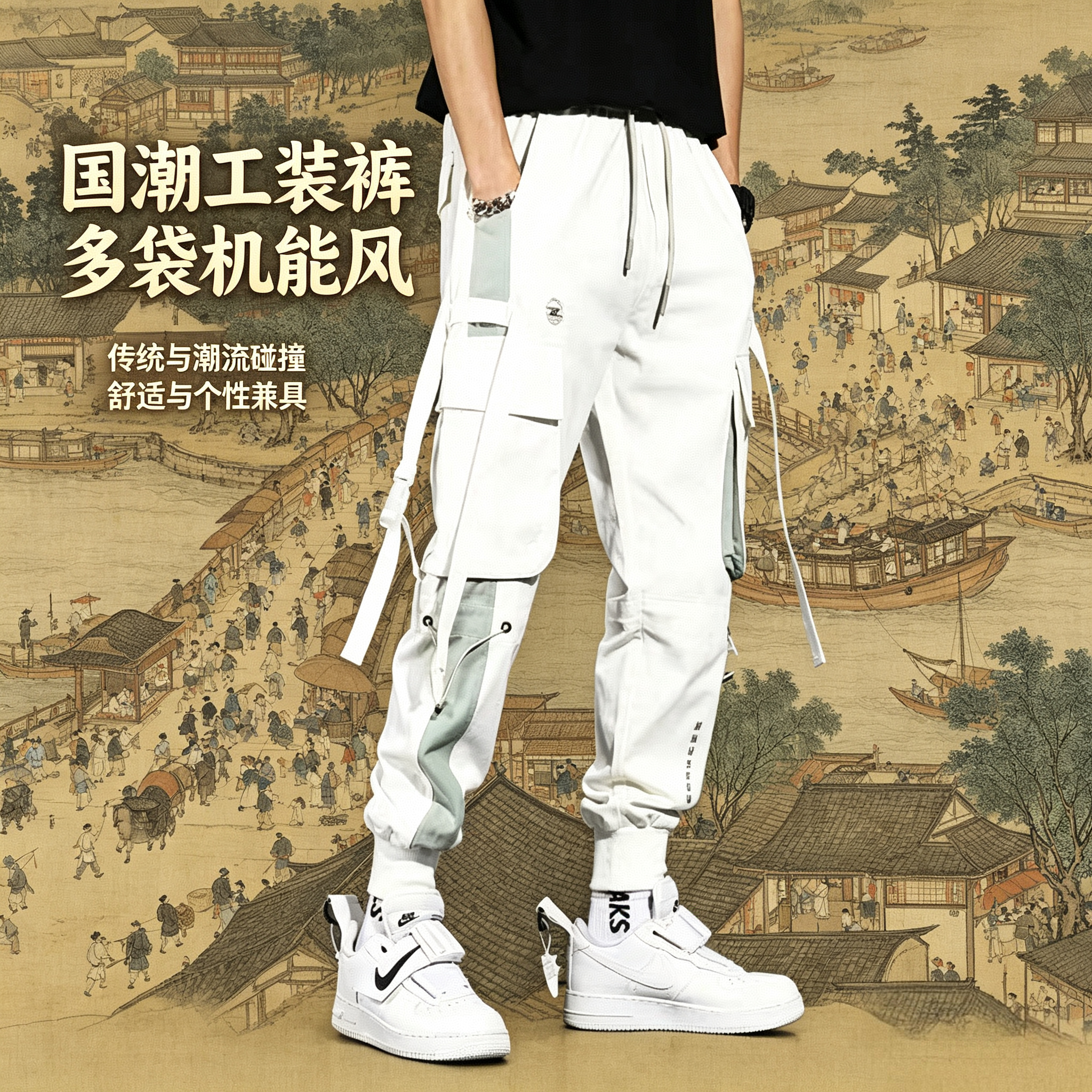 春夏男士束脚工装裤多口袋宽松日常出行运动通勤潮流百搭休闲长裤