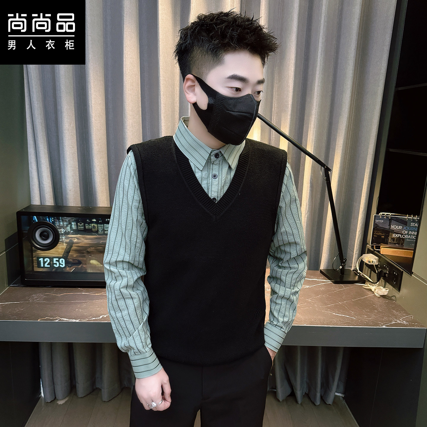 2025秋冬男士新款假两件针织毛衣韩版V领毛线马甲衬衫领打底衫潮