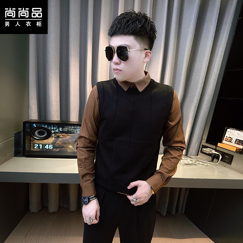 2025秋季新款男士暗条纹衬衫领假两件毛衣时尚潮流修身针织毛线衣