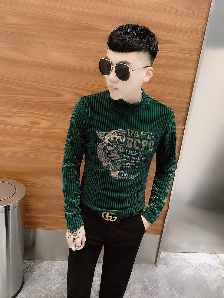 2025冬季新款韩版男士烫钻修身半高领长袖T恤加绒加厚修身打底衫