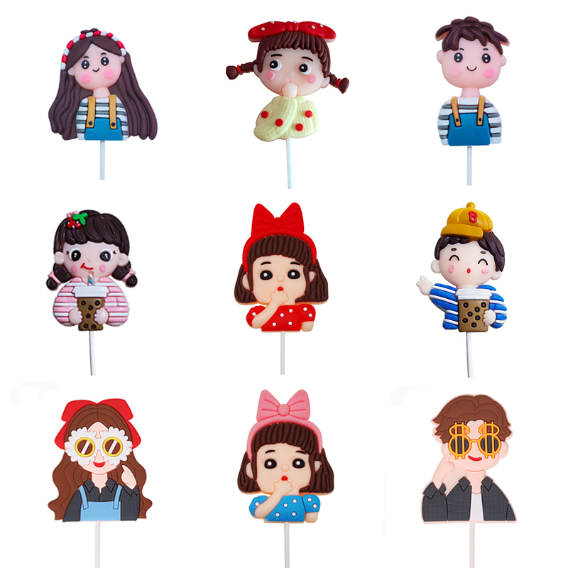 七夕情人节软陶人偶蛋糕装饰情侣条纹男女孩富婆软胶插件烘焙摆件
