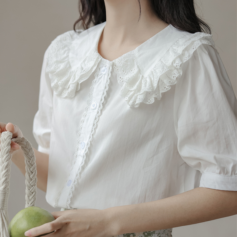 短袖白色衬衫女夏娃娃领计感小众高级感棉上衣气质蕾丝花边别致