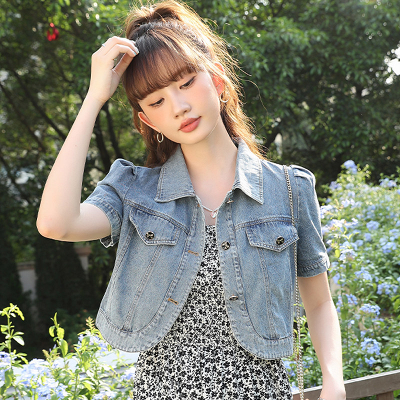 新款夏季高腰牛仔外套中袖吊带裙外搭短款牛仔披肩罩衫短袖