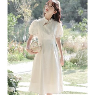 新中式旗袍收腰连衣裙长袖国风夏季改良版绝美旗袍日常