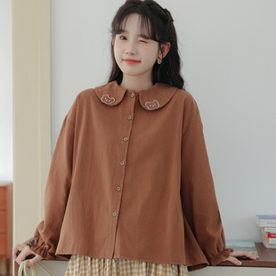 2025新款衬衣大娃娃领衬衫卡其色可爱的宽松长袖少女甜美日系上衣
