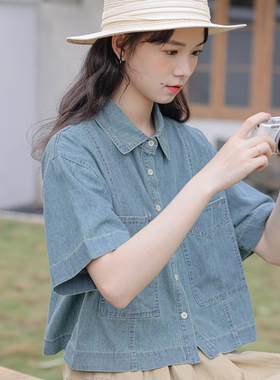 夏装2026新款蓝色牛仔衬衣女短袖薄款外套配裙子上衣衬衫宽松