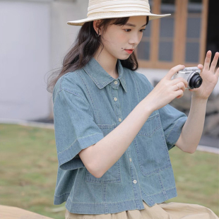 夏装2026新款蓝色牛仔衬衣女短袖薄款外套配裙子上衣衬衫宽松