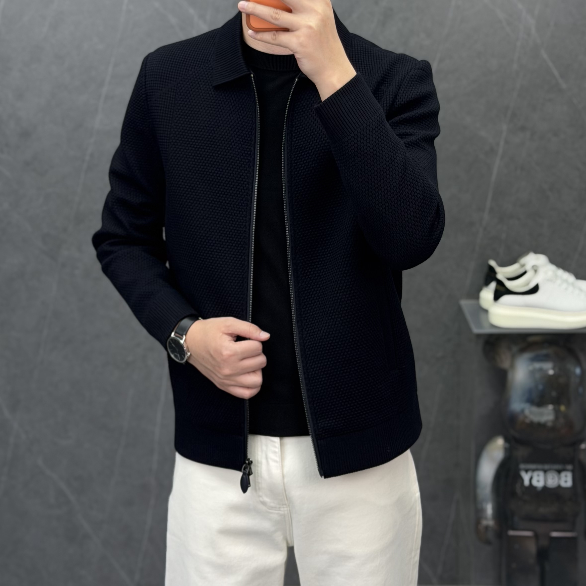 意式轻奢老钱风男士翻领针织夹克