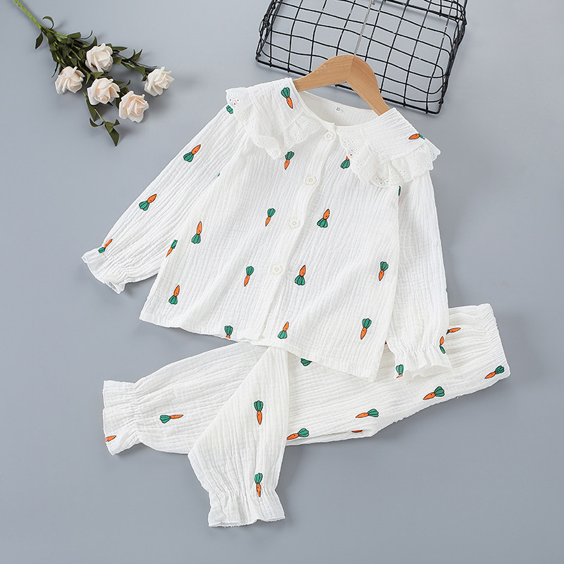 儿童睡衣秋季女童棉纱家居服女孩公主蕾丝春秋纯棉纱布长袖套装