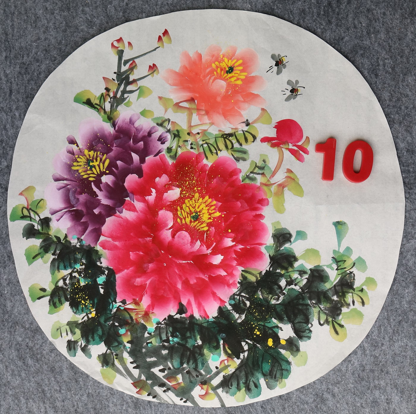 直径49厘米手绘花鸟圆形牡丹图字画国画客厅装饰挂画特价HA582310图片