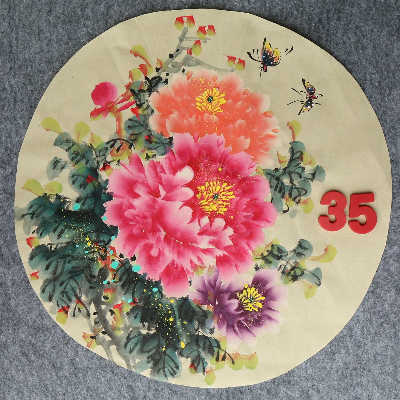 直径49厘米手绘花鸟圆形牡丹图字画国画客厅装饰挂画特价HA582335图片