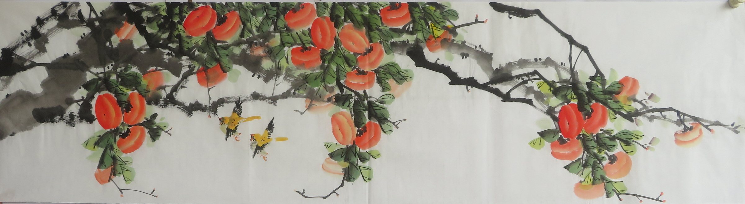 柿子花鸟画国画作品手绘六尺对开无款画芯客厅装饰挂画特价e33-2