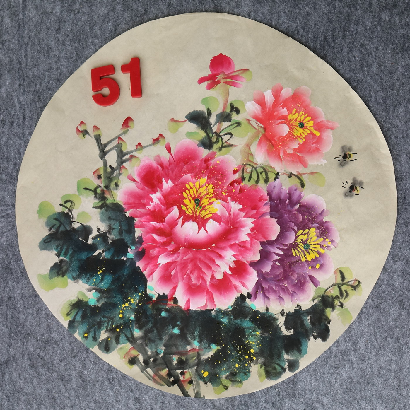 直径49厘米手绘花鸟圆形牡丹图字画国画客厅装饰挂画特价HA582351图片