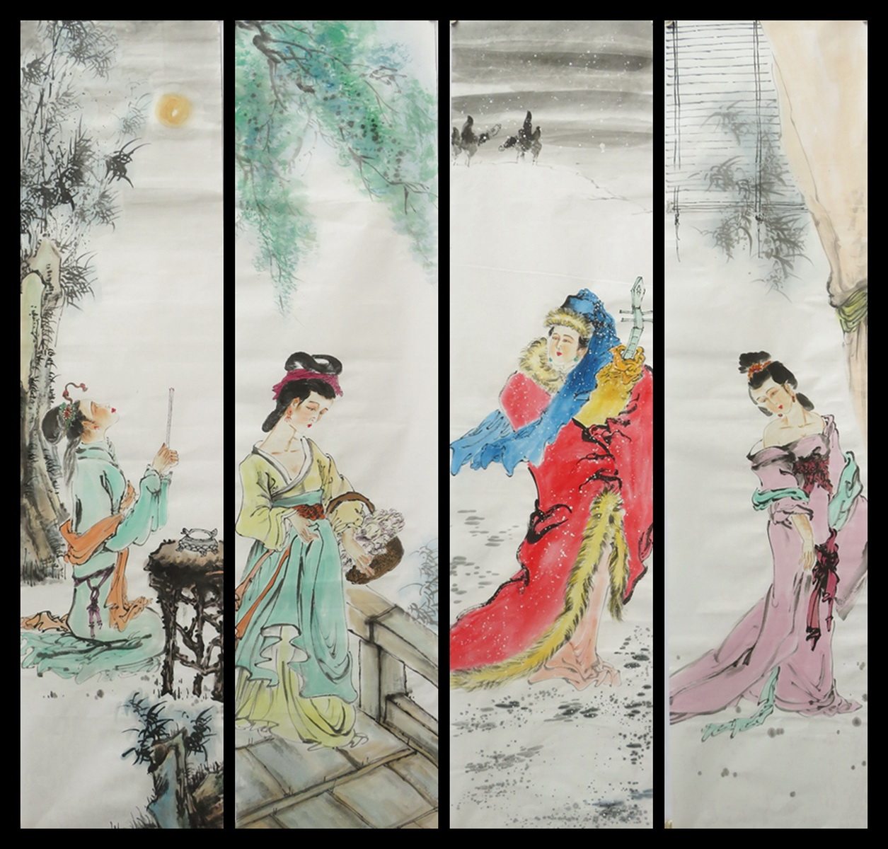 手绘水墨四条屏套画国画古代美女人物作品装饰客厅字画ha9122907