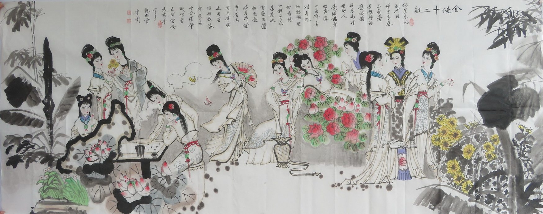 红楼梦十二金钗美女人物国画作品手绘小八尺客厅装饰画HT9052101