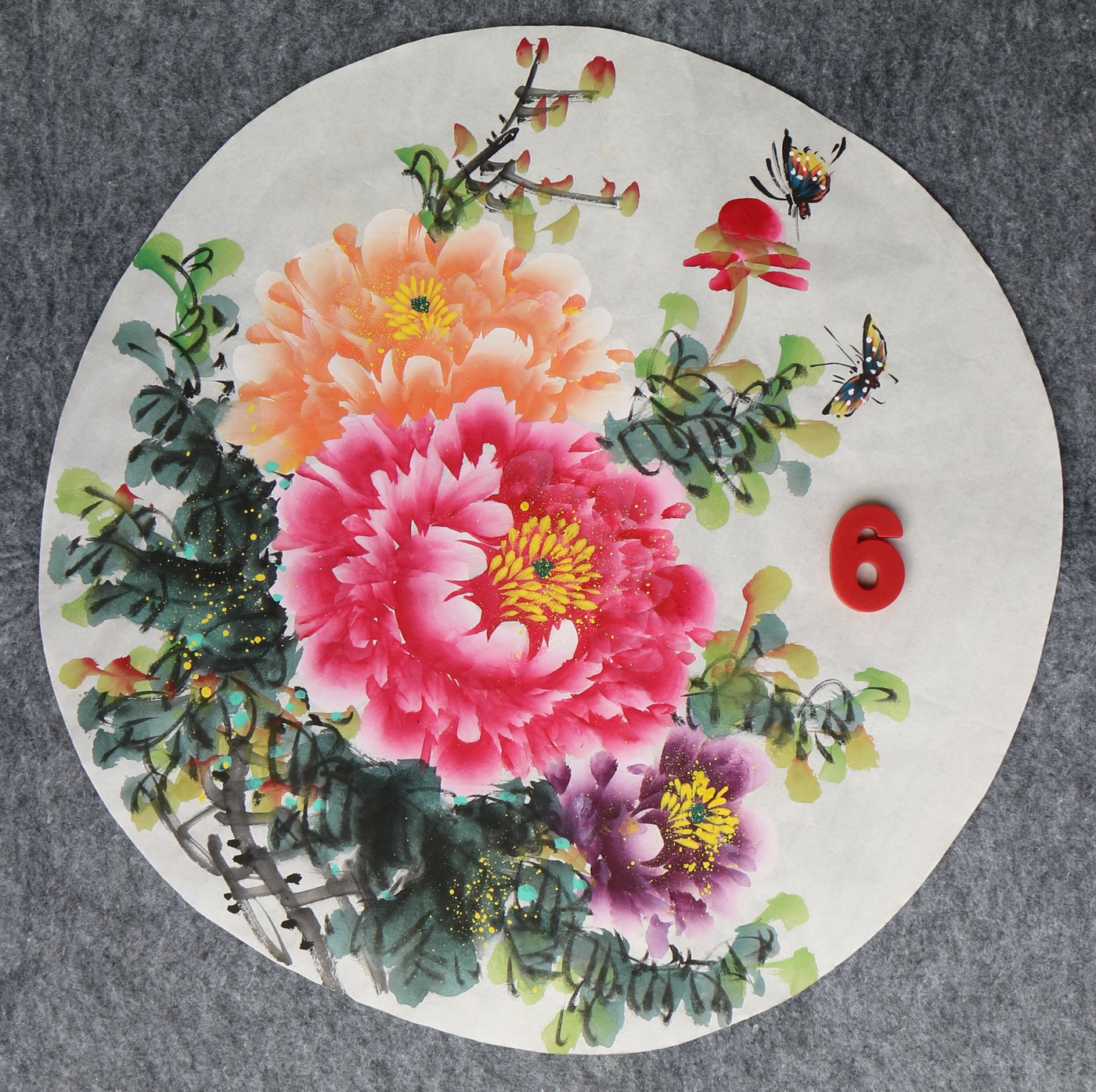 直径49厘米手绘花鸟圆形牡丹图字画国画客厅装饰挂画特价HA582306图片