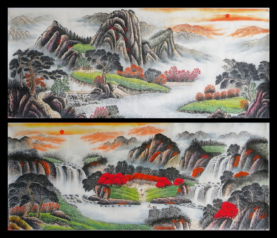 手绘国画山水画客厅聚宝盆风水靠山图玄关鸿运当头装饰挂画e2-2