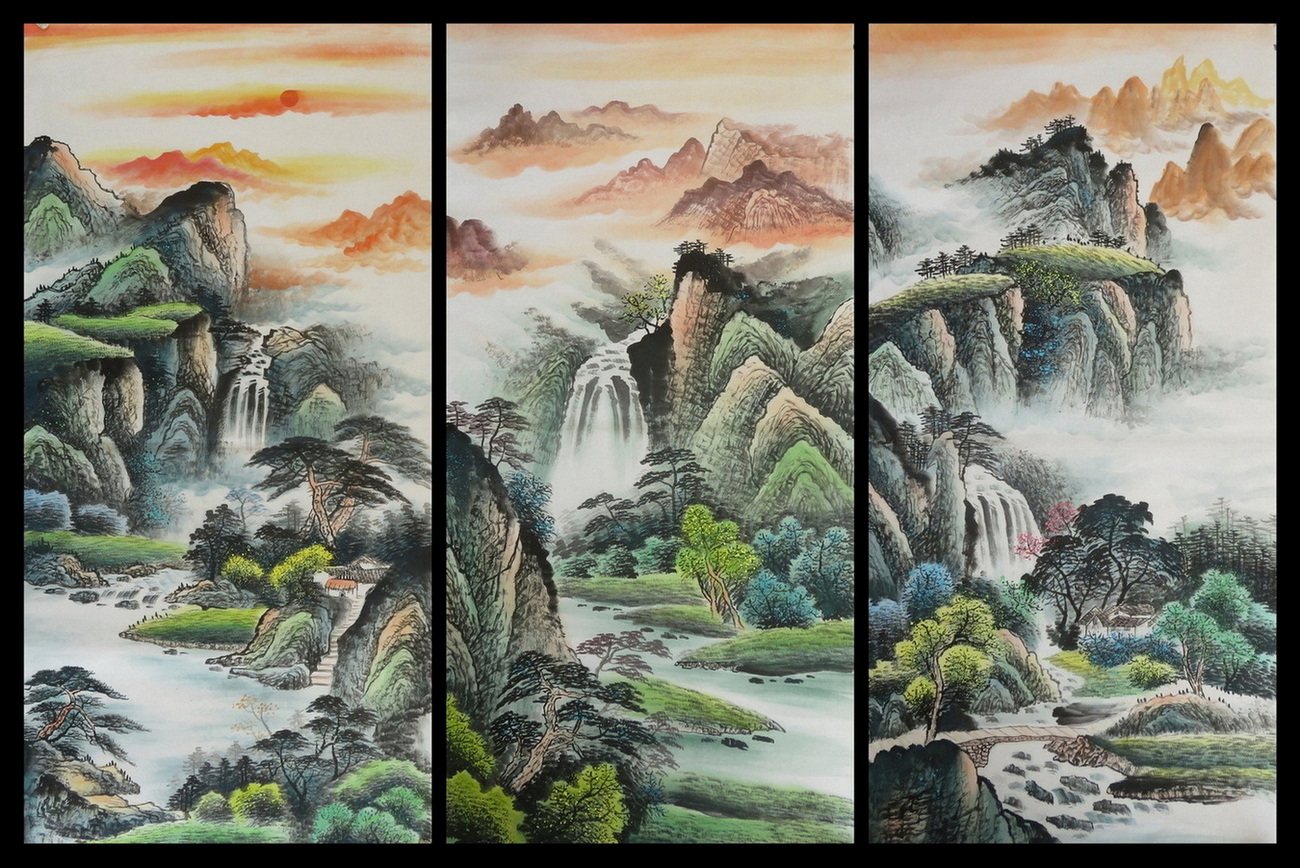 手绘国画山水画客厅背景墙风水靠山图玄关竖幅中堂装饰挂画e2-1