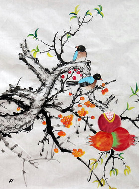 四尺斗方原创手绘花鸟画国画石榴鸟图客厅装饰挂画特价HD571201