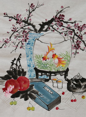 手绘花鸟国画清供图博古图客厅装饰挂画四尺斗方画芯特价HB58303