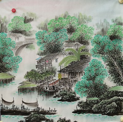 手绘江南水乡桃花山水画国画客厅装饰挂画特价办公室字画HE57811