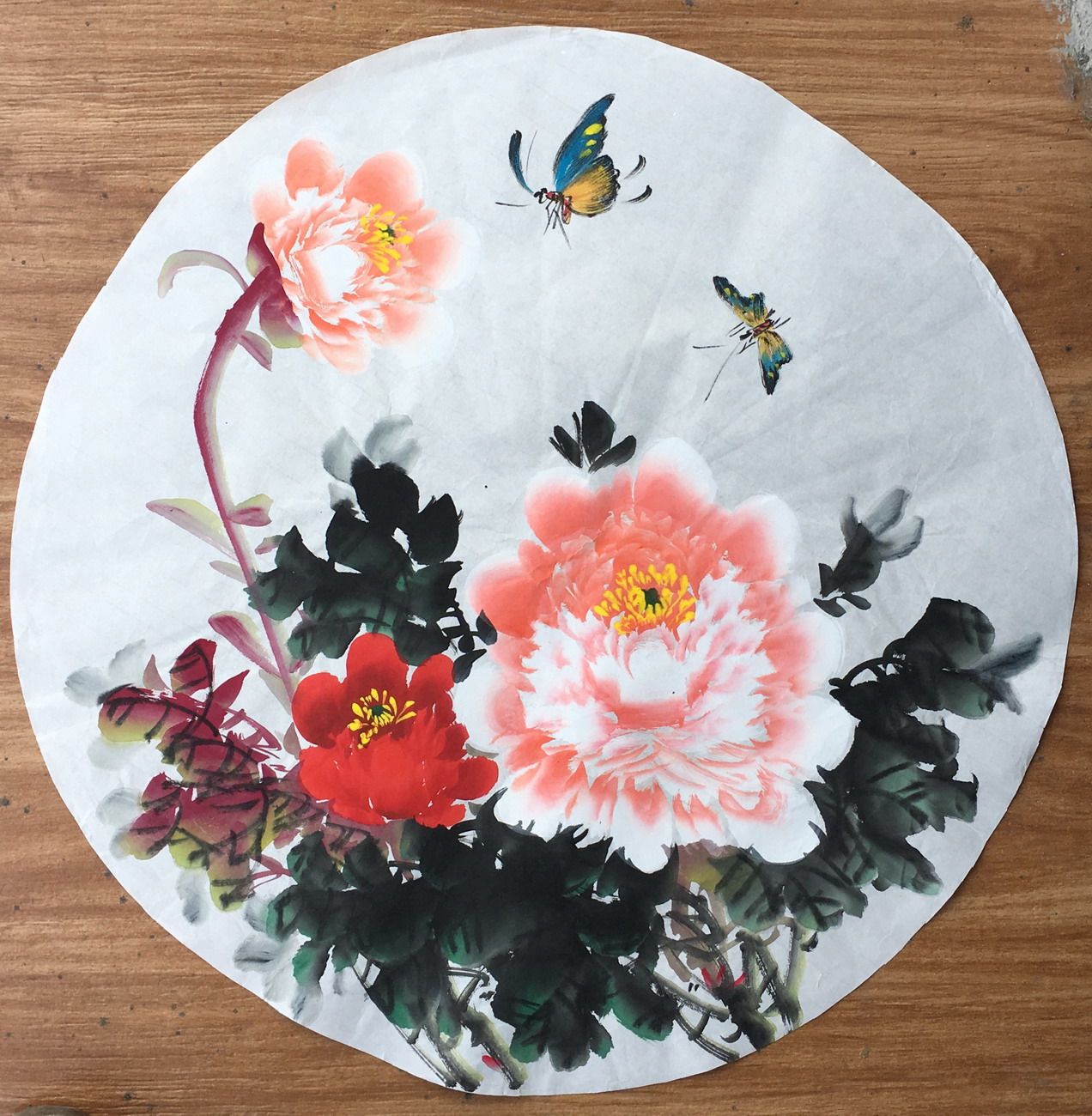 手绘圆形国画牡丹图花鸟画客厅背景墙字画装饰挂画原稿新中式e-56