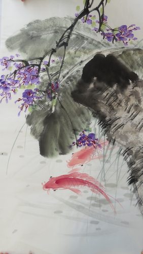 手绘三尺花鸟紫藤鱼国画字画特价中堂水墨写意装饰挂画HH21212140