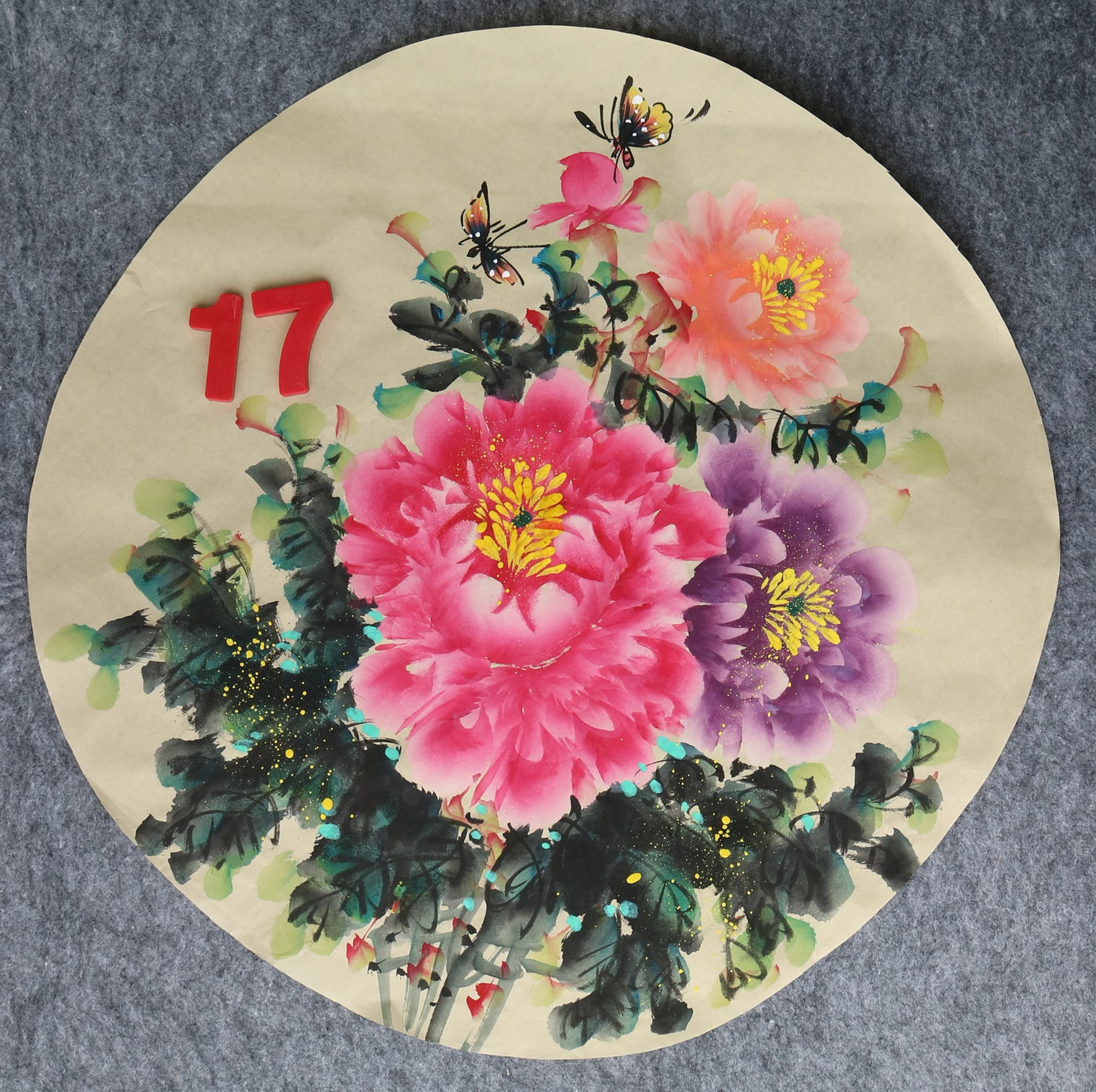 直径49厘米手绘花鸟圆形牡丹图字画国画客厅装饰挂画特价HA582317图片